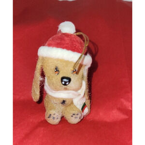 Vintage Morgan Inc Duffy Brown Dog Santa Hat Scarf Flocked Christmas Ornament